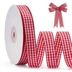 Red Gingham Ribbon 5/8" 25 Yards Roll Red and White Buffalo Plaid Ribbon Poly... - Picture 1 of 7