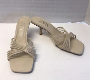 ZARA Womens Size 7.5M Cris Cross Straps Square Toe Slide Heels - Picture 1 of 10