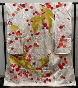 Vintage Japanese Silk Kimono Uchikake Robe Silver Red Phoenix embroidery (u64) - Picture 1 of 10