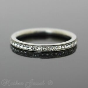 SIMULATED DIAMOND SILVER STAINLESS STEEL WEDDING BAND STACKABLE STACKER RING