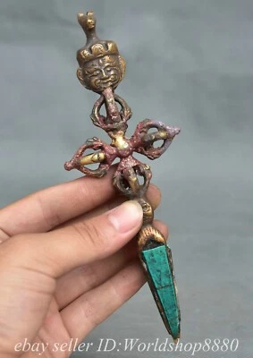 6.4" Old Chinese Bronze Turquoise Temple Phurba Dagger Holder Statue - Imagem 1 de 4