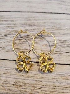St. Patrick's Day Earrings Gold Hoop Earrings with Shamrocks - Picture 1 of 1