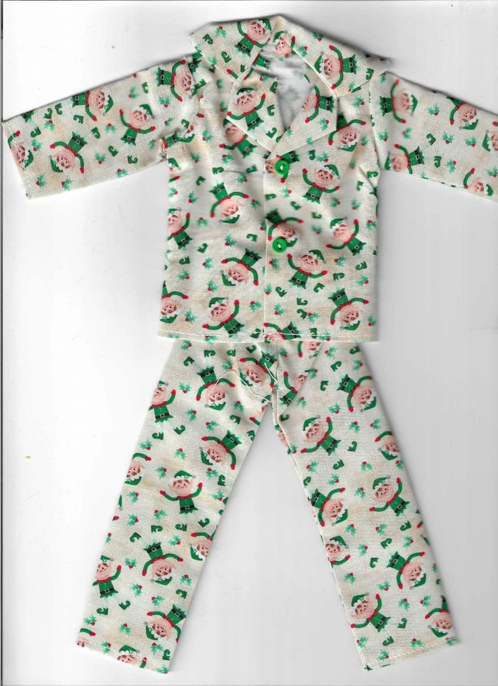 Homemade Doll Clothes-Christmas Elf Print Button Pajamas fit Ken KC1