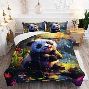 White Panda Comforter 3Pcs Panda Animal Themed Bedding Full Butterfly Bamboo - Picture 1 of 6