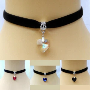 Black Choker Necklace with Crystal Heart Shaped Pendant Ribbon For Women - Picture 1 of 17