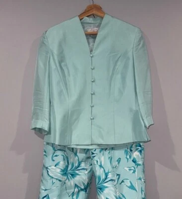 Pantalón Adrianna Papell 100 % azul seda vintage 2 piezas pantalones florales con cuentas talla 10 Foto 1 de 4