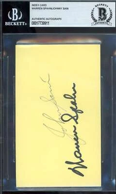Warren Spahn Johnny Sain Beckett BAS Autograph 3x5 Index Card Signed - Image 1 of 2