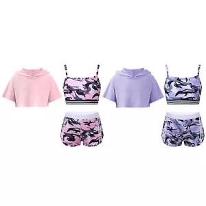 Kids Girls Outfits Fitness Set Bottoms Tracksuits Square Neck Shorts Running - Picture 1 of 32