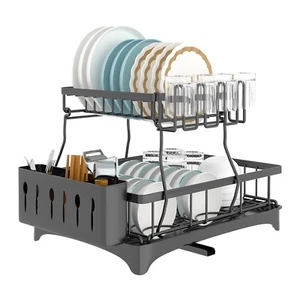 2-Tier Carbon Steel Dish Drying Rack Drainer Organizer w/ Drainboard Save Space - Picture 1 of 14