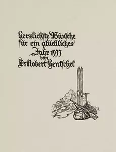 Neujahrsgruß 1933 mit Skiausrüstung, 1933, Holzstich Unbekannt (20.Jhd) - Bild 1 von 5