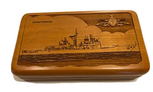 cherry wood box Engraved United Defense Ship 52 Playing Cards And Dice Inside - Picture 1 of 3