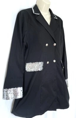Elegant Lightweight BLACK/ Silver Sequin Blazer Dress Metal Buttons Size 14 BNEW - Image 1 of 4