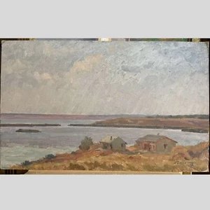 Old OIL Hand PAINTING /Fisherman House at Sea Shore/USSR Realism 27"=70cm SIGNED - Picture 1 of 3