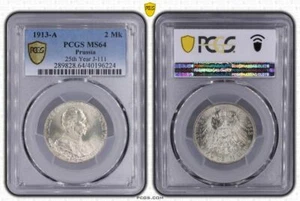 Alemania Imperio Prusia 2 marcos 1913 graduación profesional MS64 BU moneda de plata Guillermo II. Jubileo - Imagen 1 de 1