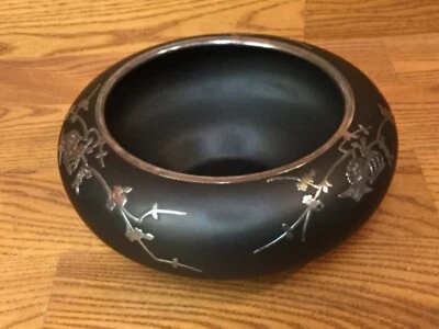 Vintage Basalt Black Glass w/Silver Overlay Center Bowl ~ Excellent  - Image 1 of 4