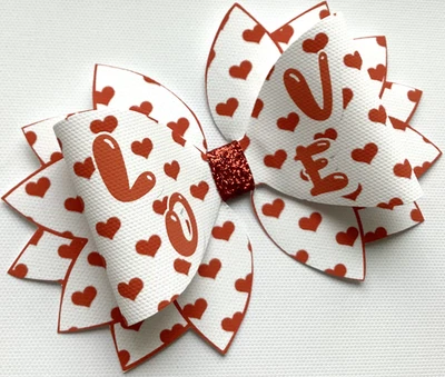 "LOVE"  5" STATEMENT PRINTED CANVAS FABRIC BOW TEMP TO MAKE OWN HAIR BOWS - Image 1 of 3