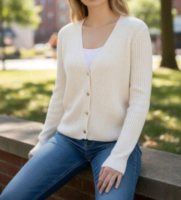 Cream Cropped Button-Up Sweater (Size 8 10) Light Weight Cardigan - Image 1 of 4