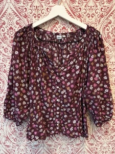 Gap Top Blouse Women's L Floral Boho Scoop Neck Floral Print Maroon Pink Large - Picture 1 of 6