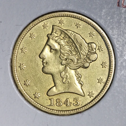 1843 $5 Dollar Gold Indian Half Eagle CHOICE AU TOUGH DATE E393 KFTX Cover