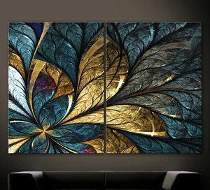 BLATTGOLD Abstrakt Leinwand Bild Schwarz Blau Gelb Modern Kunstdruck Wandbild XL - Bild 1 von 12