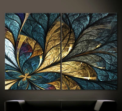 BLATTGOLD Abstrakt Leinwand Bild Schwarz Blau Gelb Modern Kunstdruck Wandbild XL - Bild 1 von 4