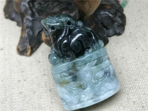 Natural manual delicate carved Myanmar Boutique Light blue Beast Seal pendant48 - Picture 1 of 7