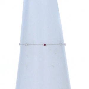 White Gold Ruby & Diamond Station Bracelet - 14k Round .27ctw by the Yard Adjust - Picture 1 of 7