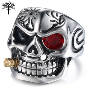 New Goth Mens Biker Punk CZ Smoking Skull Ring Stainless Steel Size 7-15 Gift - Picture 1 of 7