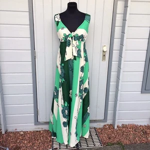 Vintage 60s Lerose Mint Green White Stripe Floral Print Maxi Retro Dress Size 12 - Picture 1 of 12