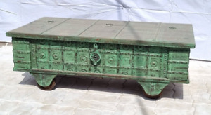 Coffee table antique trunk storage old wooden trunk chest vintage box green
