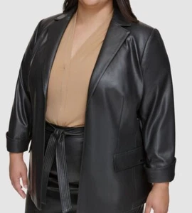 Calvin Klein Women's Black Open-Front Faux-Leather Blazer Jacket Plus Size 16W - Picture 1 of 2