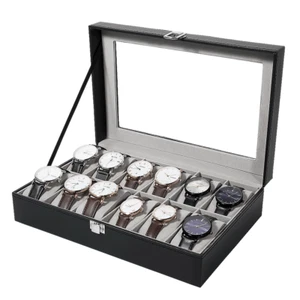 12 Slot Man Watch Box PU Leather Case Organizer Clear Glass Storage Presents NEW - Picture 1 of 23