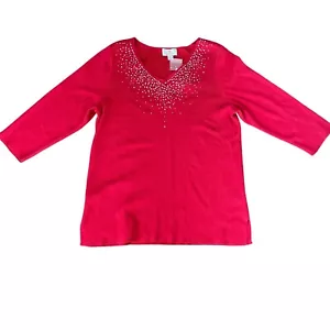 Quacker Factory NWT Womens S Red Embellished V-Neck Sweater Blouse Rhinestones - Picture 1 of 8