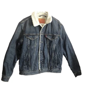 Levi’s Vintage Sherpa Fur Blue Denim Jean Trucker Jacket Faux Shearling Size Med - Picture 1 of 7