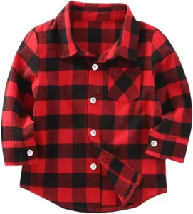 Kids Little Boys Girls Baby Long Sleeve Button down Red Plaid Flannel Shirt Plai - Picture 1 of 12