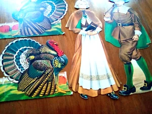 VTG 1950'S THANKSGIVI CARDBOARD CUT-OUTS-PILGRIM MAN & WOMAN-2 TURKEY STAND UPS - Picture 1 of 6