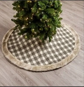 Kirklands Brown Plaid Faux Fur 48" Tree Skirt Christmas Winter Holiday Seasonal - Picture 1 of 13