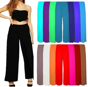 Ladies Plain Palazzo Trousers Women Flared Wide Leg Trousers Pants Leggings UK - Picture 1 of 20