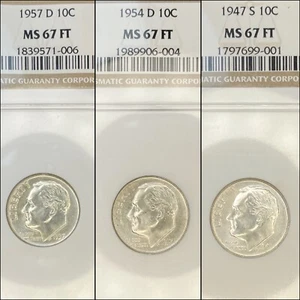 (3 Coins!) 1947 S MS67 FT, 1954 D MS67 FT, 1957 D MS67 FT NGC ROOSEVELT DIME - Picture 1 of 8