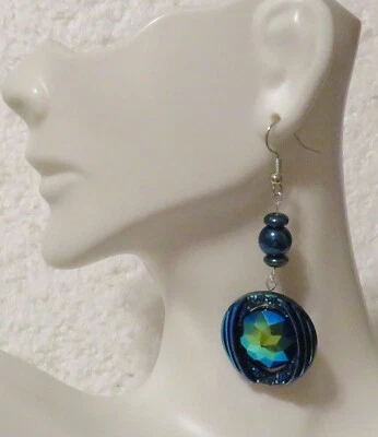 Midnight Blue Rhinestone Disk & Bead Dangle 2" Hook Earrings Silver Tone Hooks - Image 1 of 3