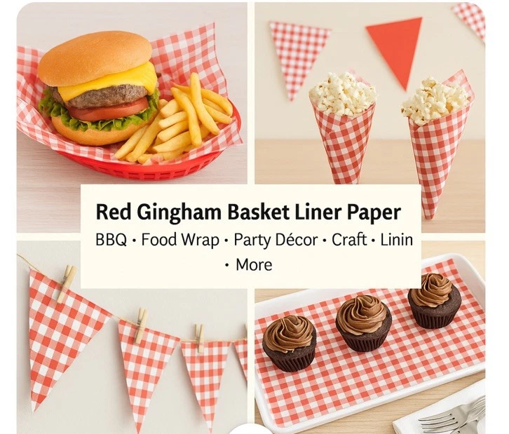 10pk Red Gingham Basket Liner Paper 11in BBQ Food Wrap Party Decor Craft Lot - Image 1 of 4