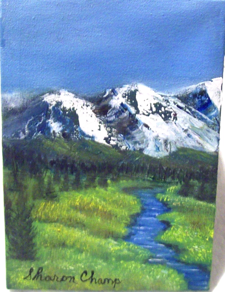 Oil Painting,  Bob Ross Style, Artist Sharon Champ - Mountain Stream 5"x7" - Image 1 of 1