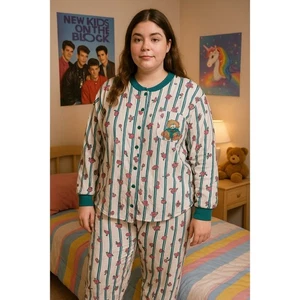 Vintage 80er Nachtwäsche Nachtwäsche Damen Pyjama Set gestreift Bärenmuster Baumwolle - Bild 1 von 10