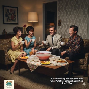 Anchor Hocking Vintage 1960s Milk Glass Punch Set Sandwich Daisy Gold Trim 12 Pc - Picture 1 of 15