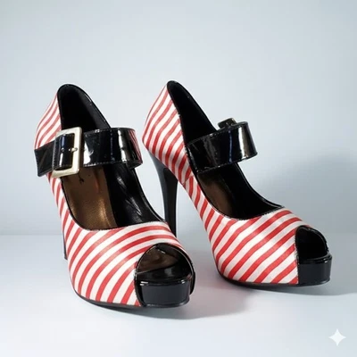 Zapatos de salón Ellie talla 6 punta abierta punta de aguja alta rojo satinado rayas charol negro Foto 1 de 4