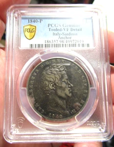 1840-P SARDINIA (Italian States) 5 Lire Silver Coin, Carlo Alberto, Very Fine - Picture 1 of 6