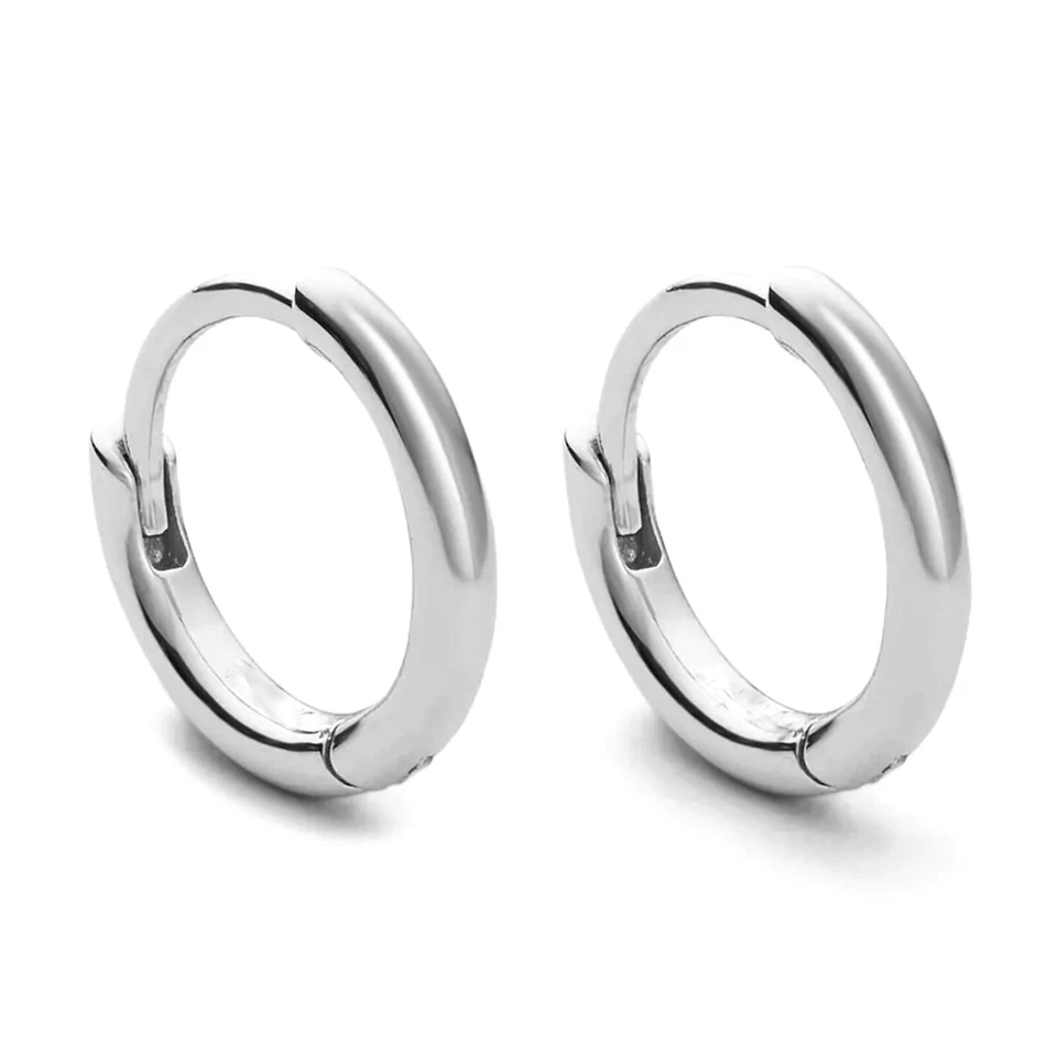 Classic Elegant Pure Solid 925 Sterling Silver White Gold Small Hoop Earrings - Image 1 of 4