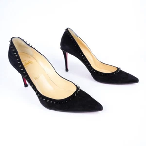 Christian Louboutin Size 37.5 Women's Pointed Toe Suede Pumps in Black ANJALINA - Picture 1 of 20