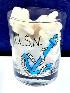 "USN / Anchors Aweigh" handpainted on Double Old Fashioned Glass - NEW - Picture 1 of 4