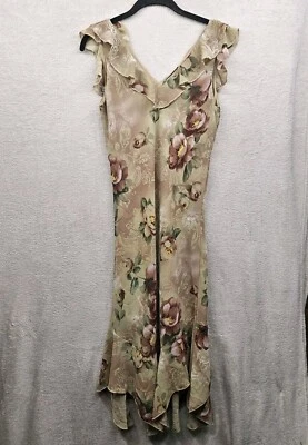 Womens Dress 7/8 Tan Floral Ruffle 90s Coquette Romantic Prom Fairy Old Money  - Image 1 of 4